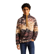 Columbia men fleece sweatshirt brown hooded polyester pullover with mountain landscape print in earthy tones
