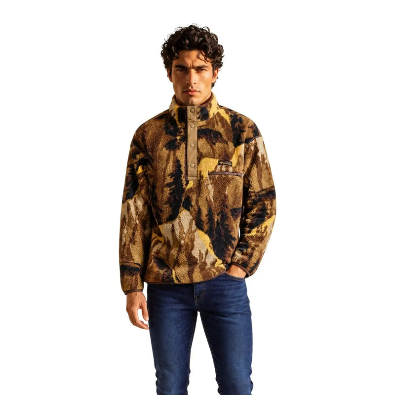 Columbia men fleece sweatshirt brown hooded polyester with brown and tan camouflage pattern and half-zip front