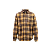 Columbia mens brown polyester shirt jacket with yellow and brown plaid flannel long sleeves and button-up front