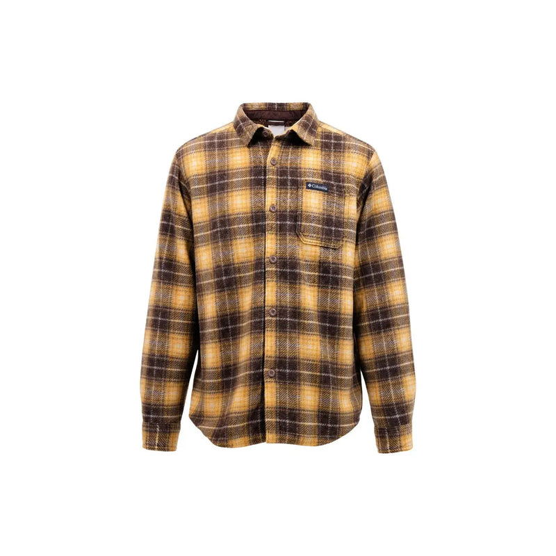 Columbia mens brown polyester shirt jacket with yellow and brown plaid flannel long sleeves and button-up front