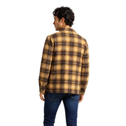 Columbia mens brown polyester shirt jacket with long sleeves in yellow and brown plaid soft woven fabric