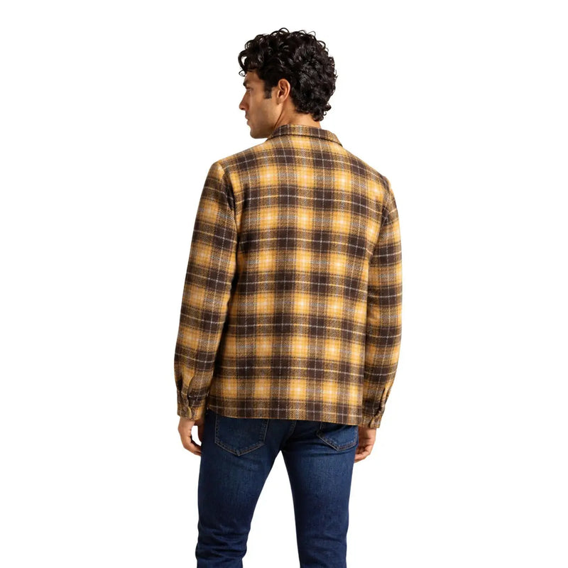 Columbia mens brown polyester shirt jacket with long sleeves in yellow and brown plaid soft woven fabric