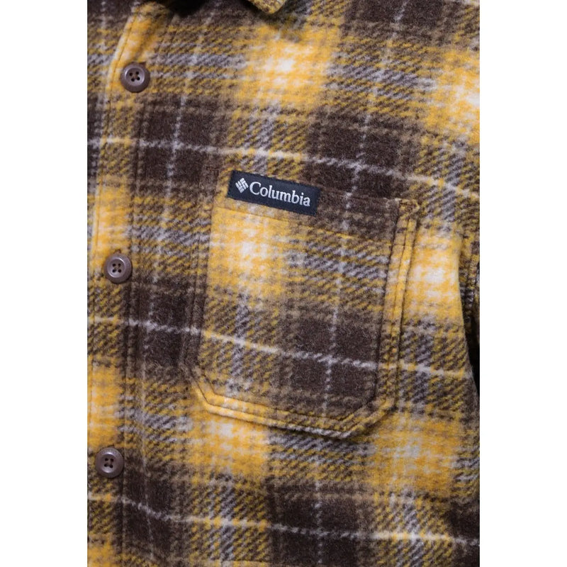Columbia mens brown polyester shirt jacket featuring yellow and brown plaid flannel with black brand patch on chest pocket