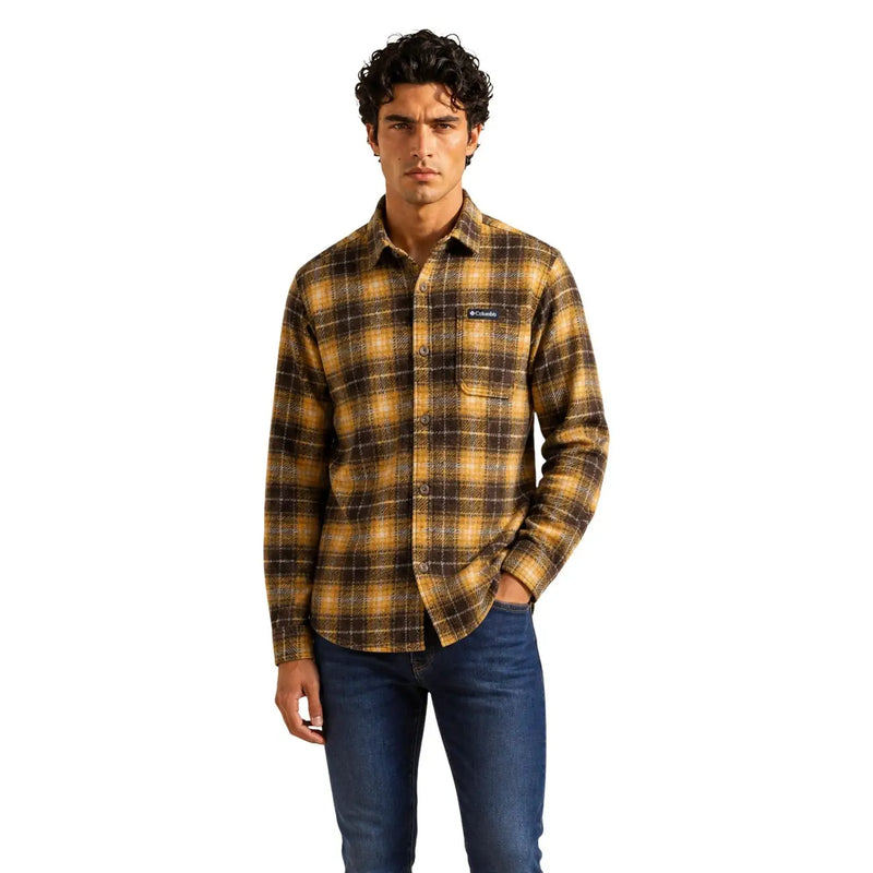 Columbia mens brown polyester shirt jacket long sleeved yellow and brown plaid flannel with button front and chest pocket