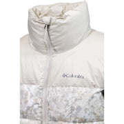 Cream-colored polyester puffer jacket for women with high collar gray pattern and Columbia logo near the chest