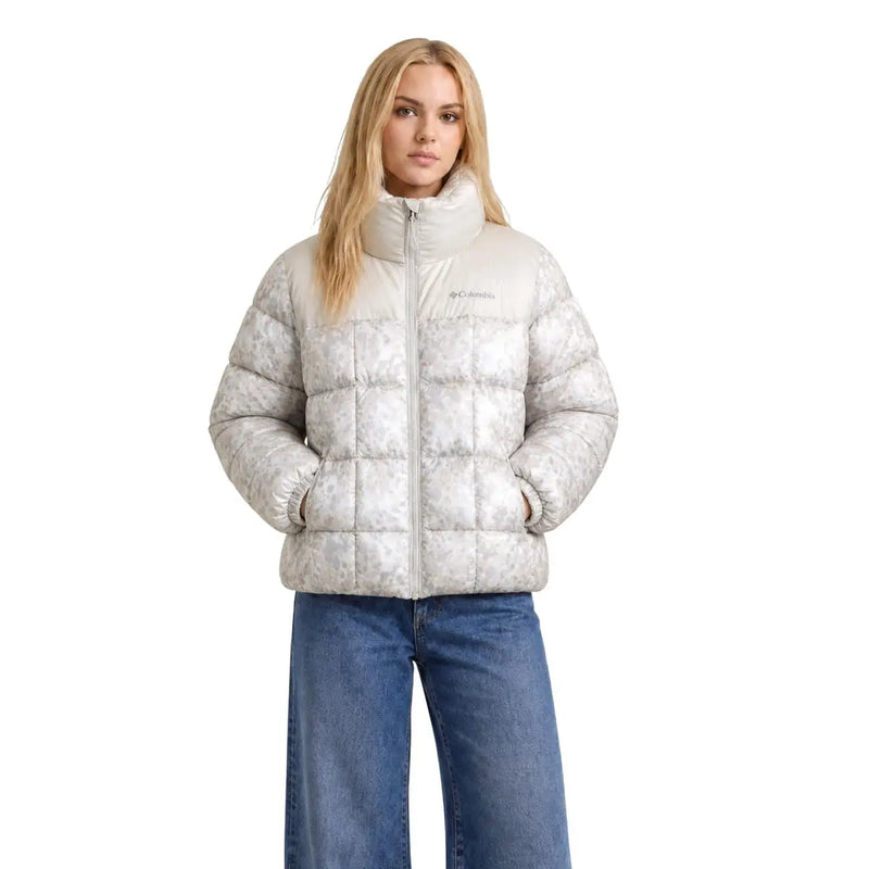 Columbia women beige polyester blazer jacket with zip pockets featuring a light gray puffer design and white floral patterns