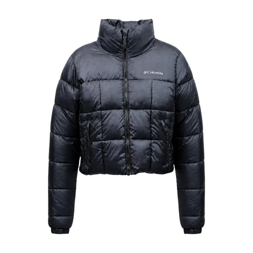 Columbia women black polyester quilted puffer jacket with high collar front zipper and logo on left chest