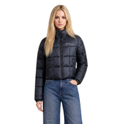 Columbia women black quilted polyester puffer jacket with high collar and front zipper cropped style
