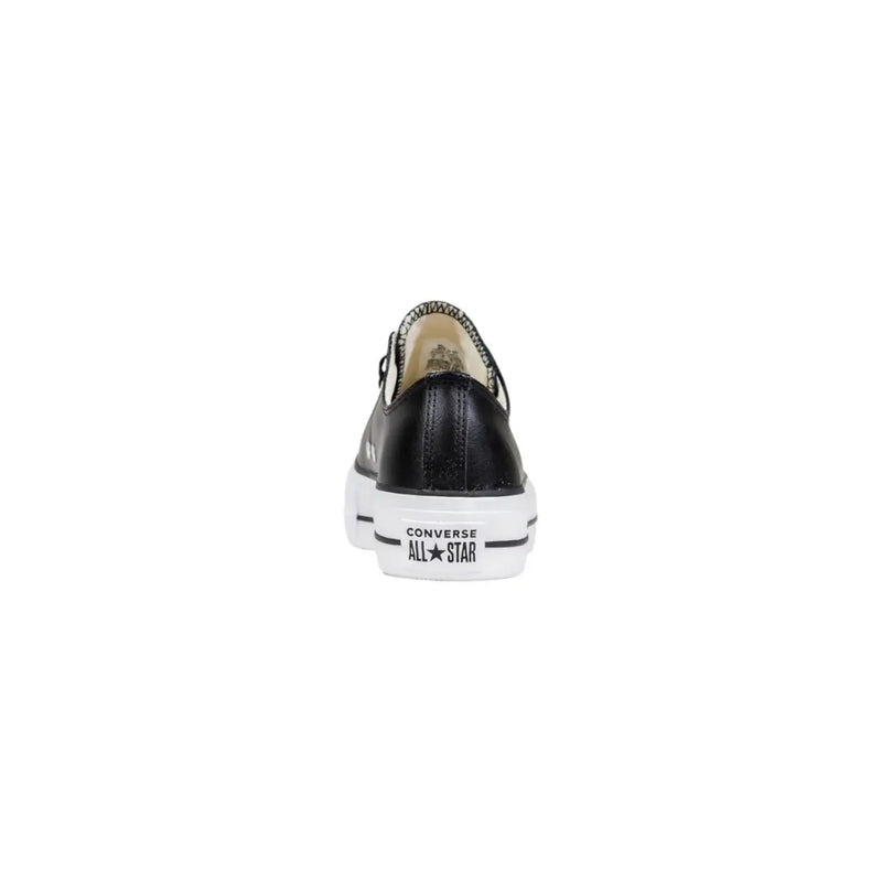 Converse women black leather platform sneakers with glossy leather upper and white rubber sole low-top design