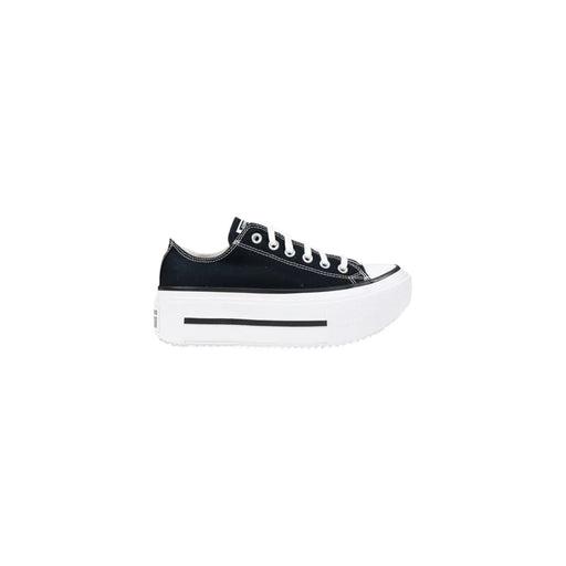 Converse Schwarze Damen-Plateau-Sneaker aus Stoff mit weißen Schnürsenkeln und dicker weißer Gummisohle aus schwarzem Canvas