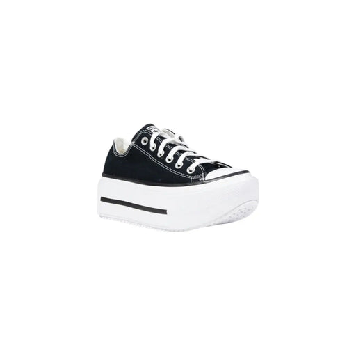 Converse Schwarze Damen-Plateau-Sneaker aus Stoff, niedrigtop Canvas-Sneaker mit weißen Schnürsenkeln und dicker weißer Sohle mit schwarzem Streifen