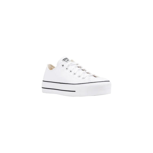 Weiß converse Damen-Plateau-Sneaker aus Leder mit schwarzen Ziernähten und klassischem Canvas-Obermaterial, Vorderansicht