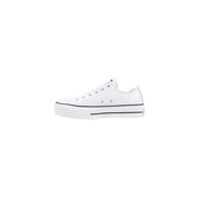 Converse women leather platform sneakers in white featuring black stitching and a rubber sole