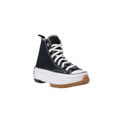 Converse women platform sneakers black fabric with white laces thick midsole and gum-colored outsole side view
