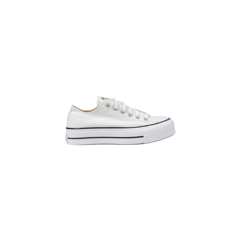 Converse women platform sneakers in white canvas with black rubber sole and detailed stitching for casual wear