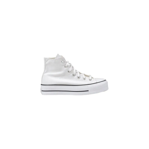 Converse Damen-Sneaker, weiß, Textil, hochtop Plateau-Sneaker mit schwarzem Gummisohlenstreifen und passenden Schnürsenkeln
