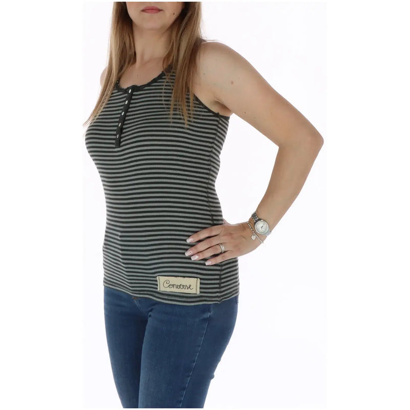 Converse women tank top grey striped sleeveless cotton with buttoned neckline and Cenovare brand label at hem