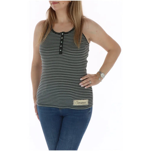 Converse women tank top sleeveless black and gray striped cotton henley with buttoned placket