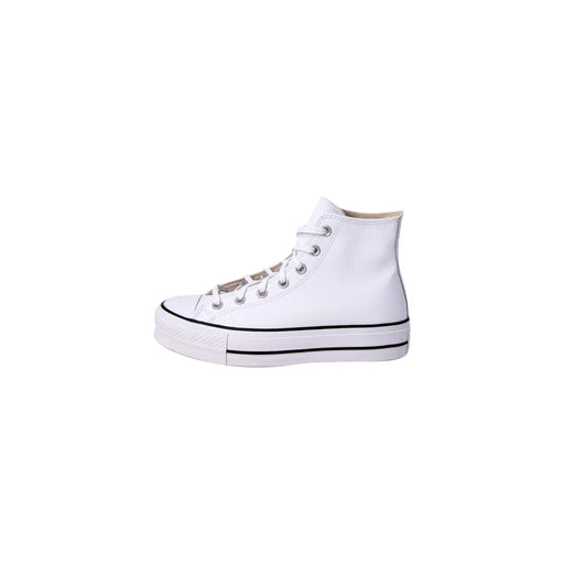 Converse Damen-Plateau-Sneaker aus weißem Polyurethan mit hohem Absatztop schwarze Gummisohle und Ösen
