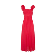 A vibrant red coral polyester maxi dress with ruffled off-the-shoulder sleeves and a draped bodice