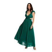 Emerald green chiffon maxi dress with ruffled straps and cut-out waistband