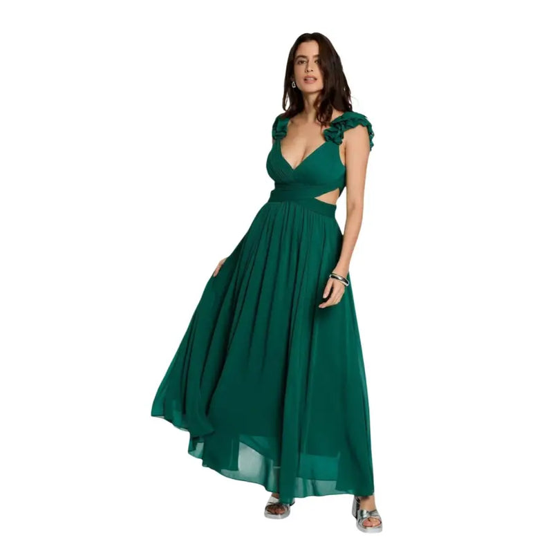 Emerald green chiffon maxi dress with ruffled straps and cut-out waistband