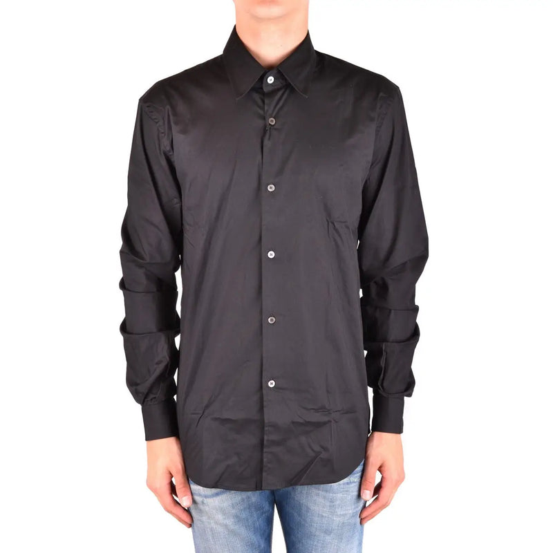Costume National men black cotton long sleeve shirt with classic collar and white buttons front view