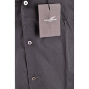 Dark gray Costume National men cotton long sleeve dress shirt with silver buttons and brand tag visible