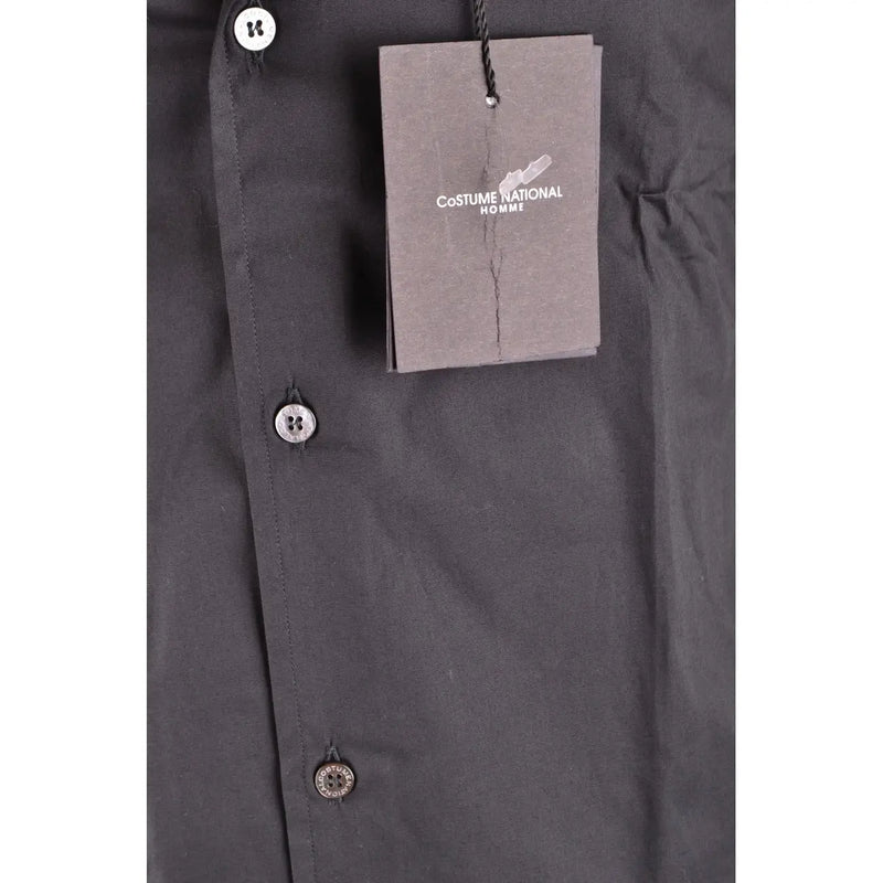 Dark gray Costume National men cotton long sleeve dress shirt with silver buttons and brand tag visible