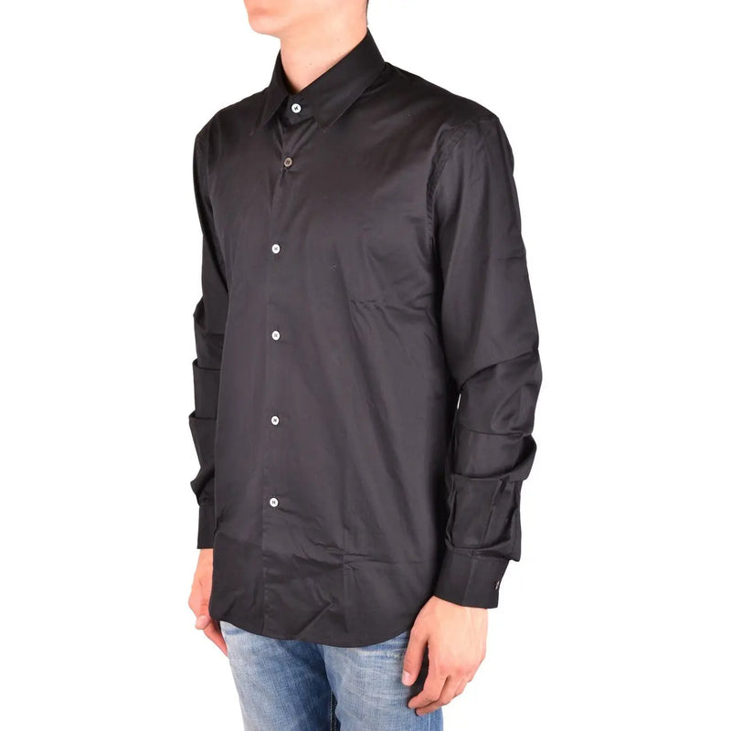 Costume National men black cotton long sleeve shirt featuring white buttons and a subtle sheen