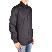 Costume National men black cotton long sleeve shirt with classic collar and subtle creases on front side