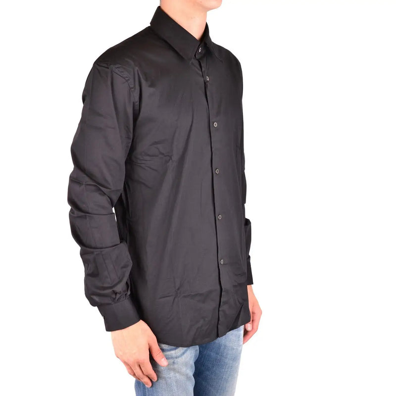 Costume National men black cotton long sleeve shirt with classic collar and subtle creases on front side