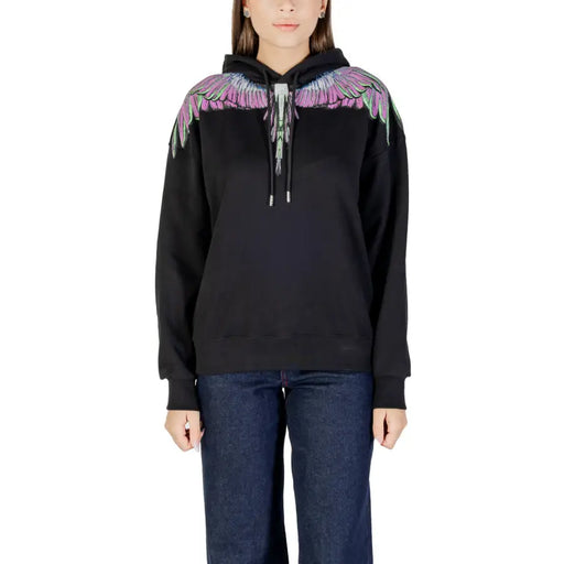 County of milan black cotton hooded sweatshirt for women with vibrant multicolored wings on the back shoulders