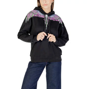 County of milan black cotton hoodie for women with vibrant purple and green iridescent wings embroidered on the back