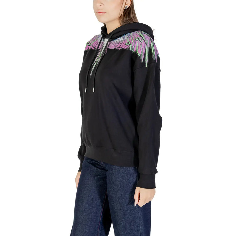 Black cotton hooded sweatshirt for women by County Of Milan with vibrant multicolored wing embroidery on the back