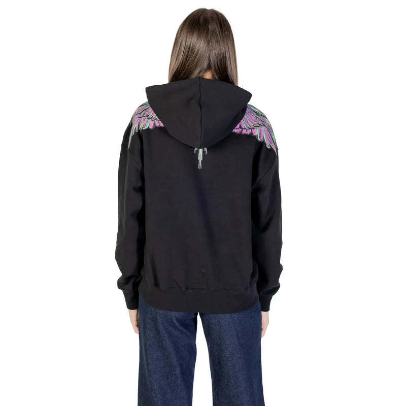 County of milan black cotton hooded sweatshirt for women with vibrant purple and pink embroidered wings on the back shoulders
