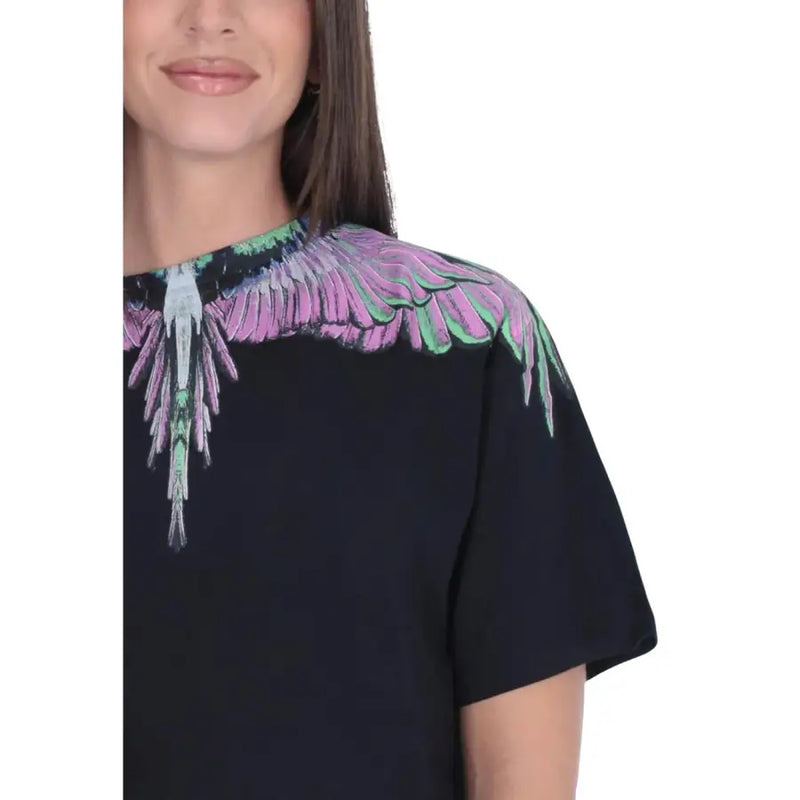 County of Milan black cotton women’s round neck t-shirt with purple-green wing graphic
