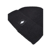 Black beanie with white logo design