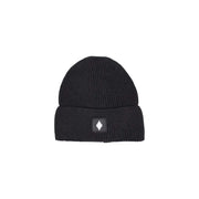 Black beanie with white logo, ribbed texture and folded brim.