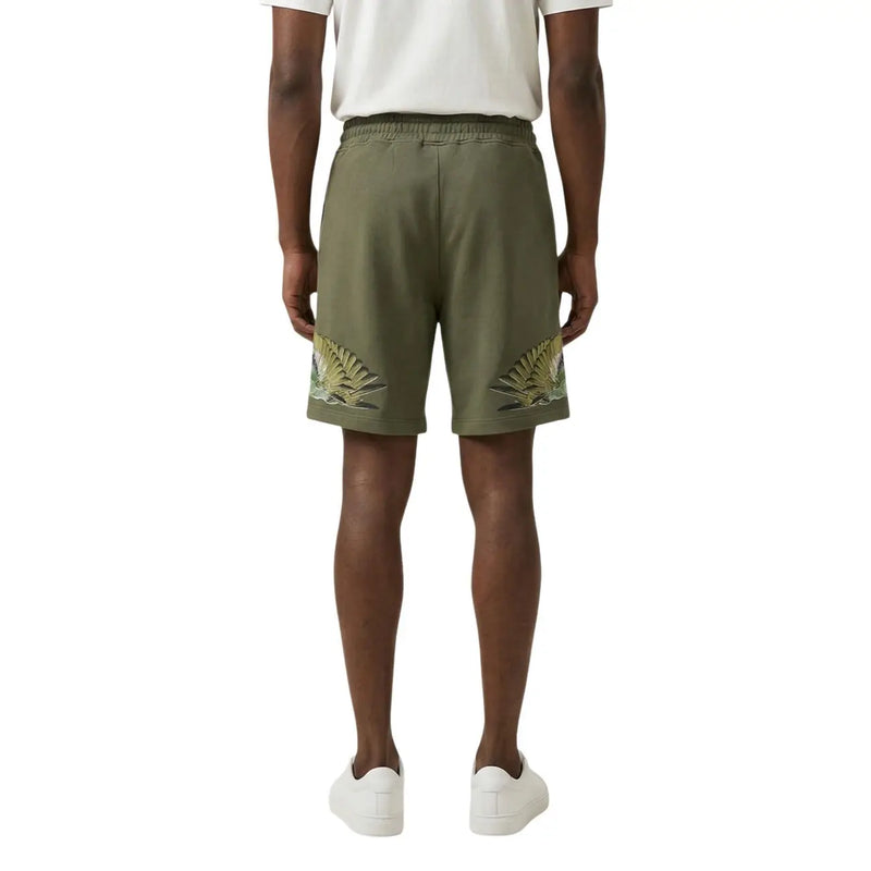 Short en coton pour homme County of Milan, vert olive, orné de broderies de feuilles de palmier, vue de face
