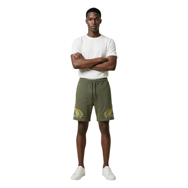 Short en coton pour homme County of Milan, vert olive, orné de broderies de feuilles de palmier (vue de côté)