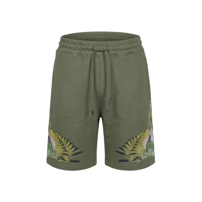 Short en coton County of Milan pour homme, vert olive, orné d'un motif d'ailes dynamique sur le bas des jambes, vue de face