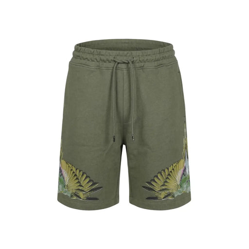 County of Milan cotton shorts for men in olive green with vibrant wing graphics on lower legs, front view