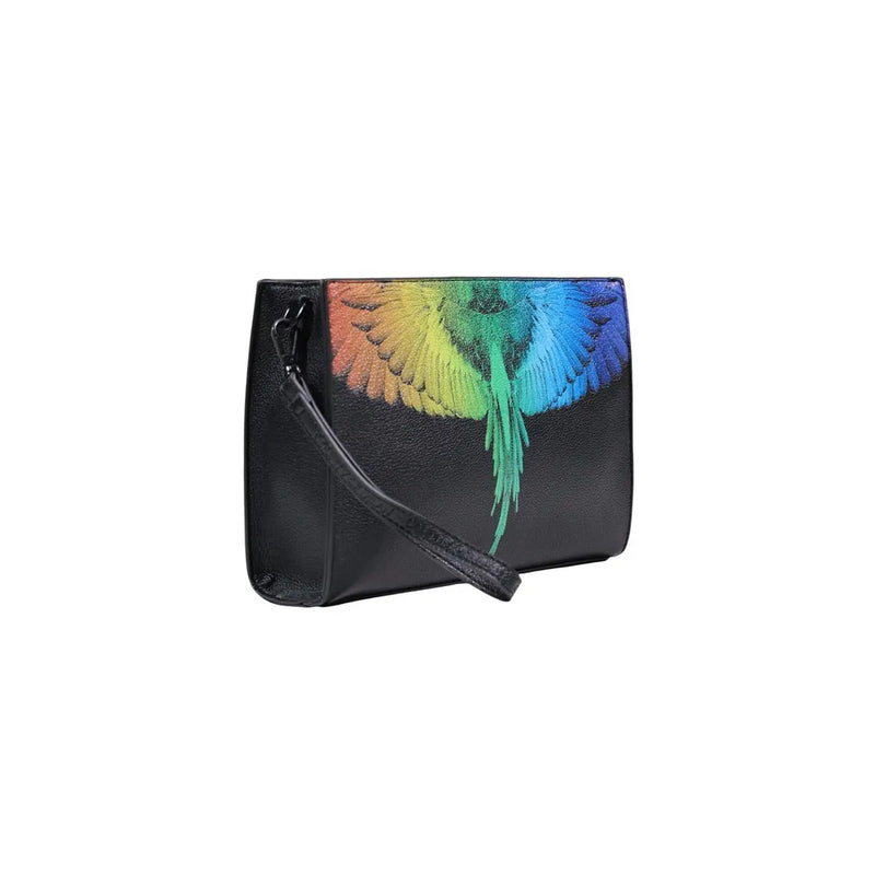 Black faux leather clutch bag by County Of Milan featuring a vibrant rainbow-colored wing design measuring 26x19x7 cm