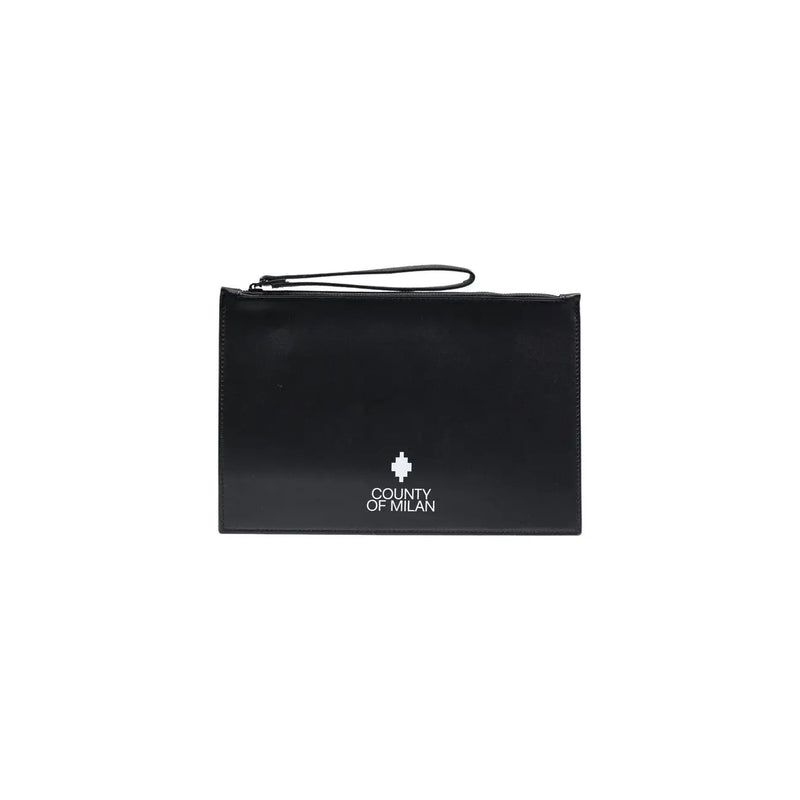 Black faux leather county of milan men bag clutch with wrist strap and white logo 30x20x0.3 cm