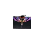 Black faux leather County of Milan men bag clutch with vibrant iridescent winged bird design in purple pink and orange