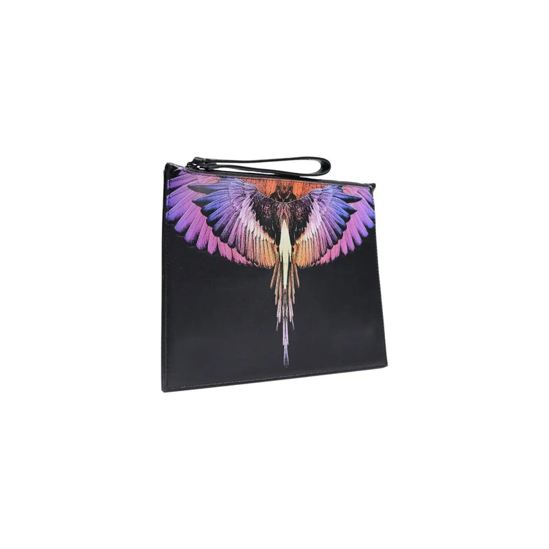 Black faux leather county of milan men bag 30x20 with vibrant iridescent winged bird design in purple pink and orange feathers