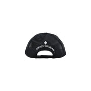 Black mesh trucker hat with white embroidered county of milan text and logo in cotton blend material for men