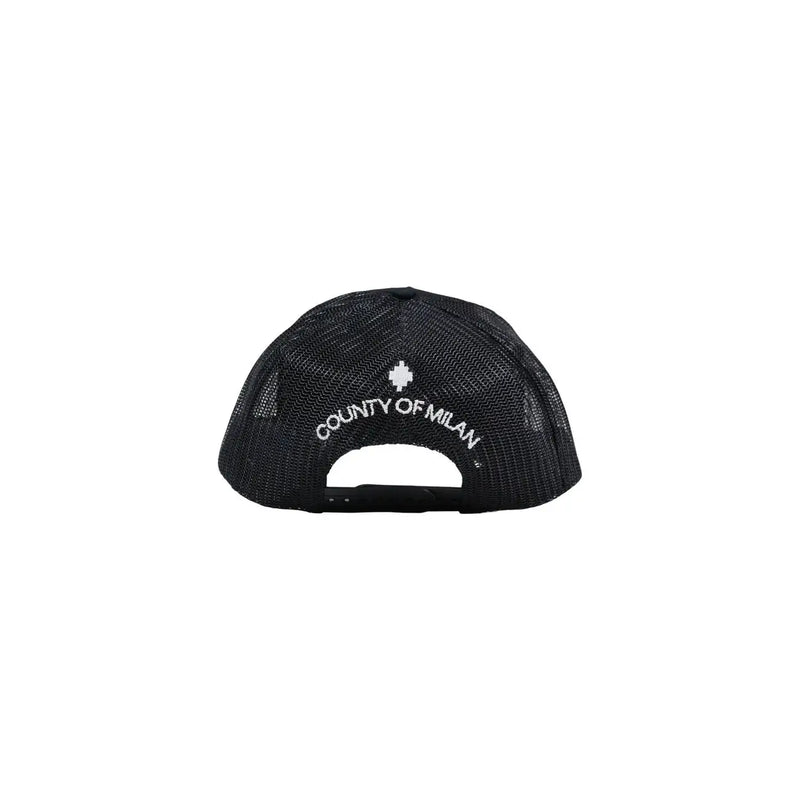 Black mesh trucker hat with white embroidered county of milan text and logo in cotton blend material for men