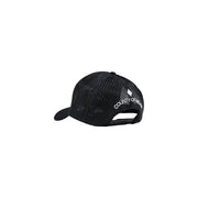 Black mesh trucker hat with white embroidered county of meath text and logo on the back in cotton blend material